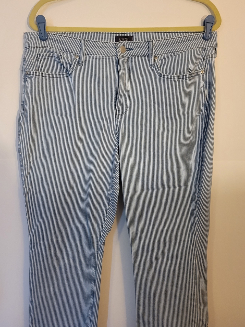 NYDJ Light Blue and White Striped Straight-Leg Capri Jeans